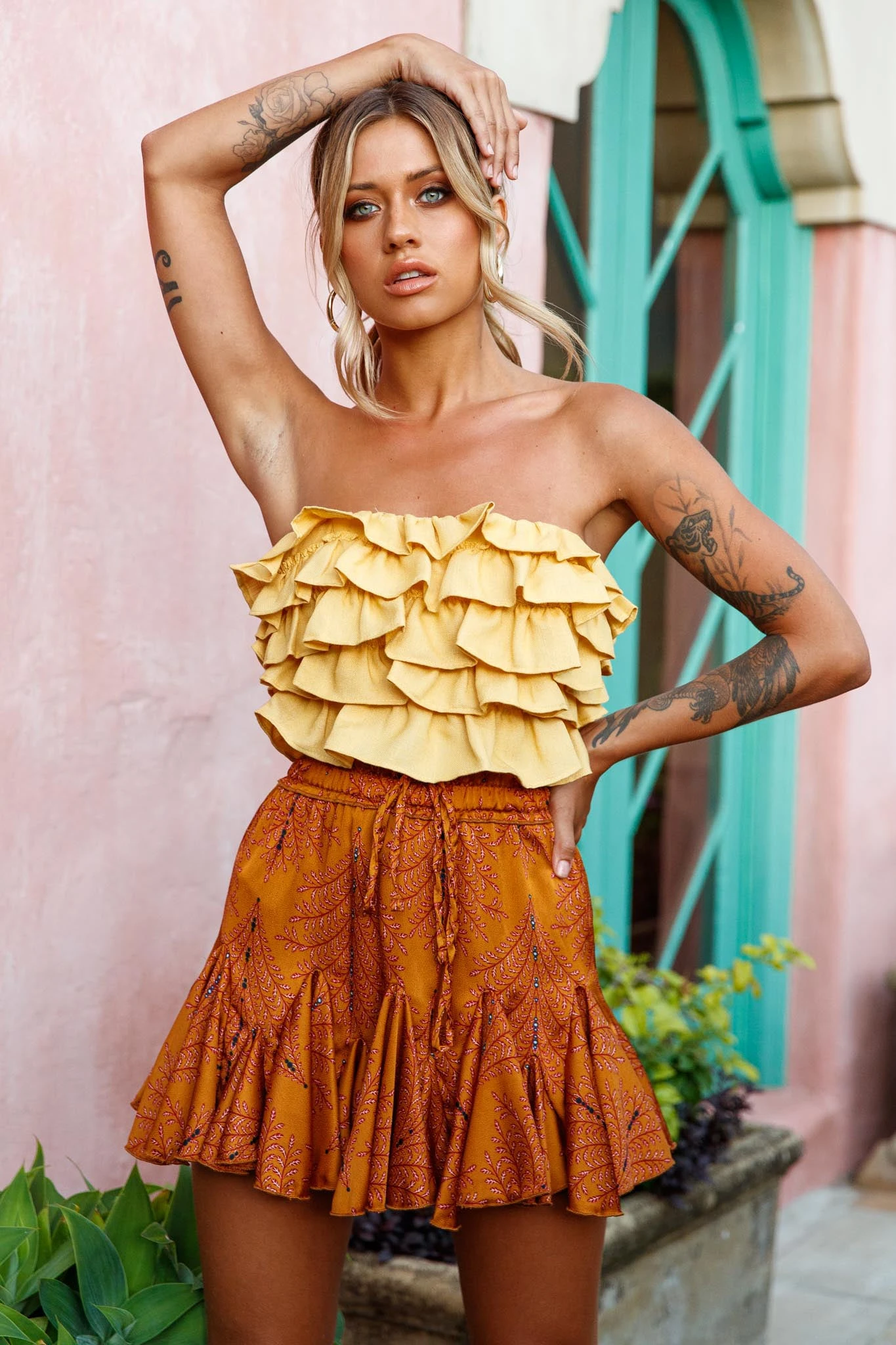 Robyn Flounce Mini Skirt Leaf Pattern Mustard - Image 4