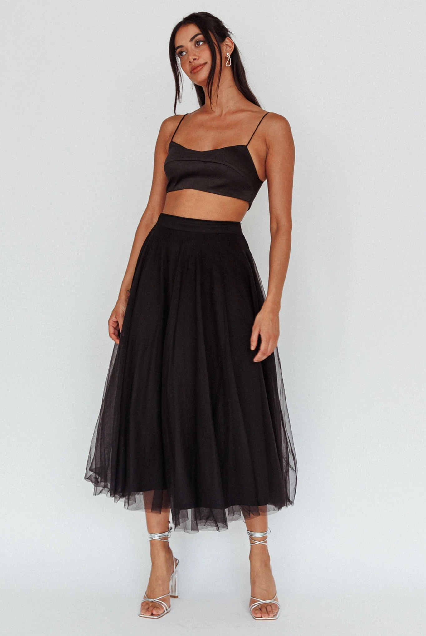 Jasmine Organza Mesh Elasticated Waist Midi Skirt Black - Image 3
