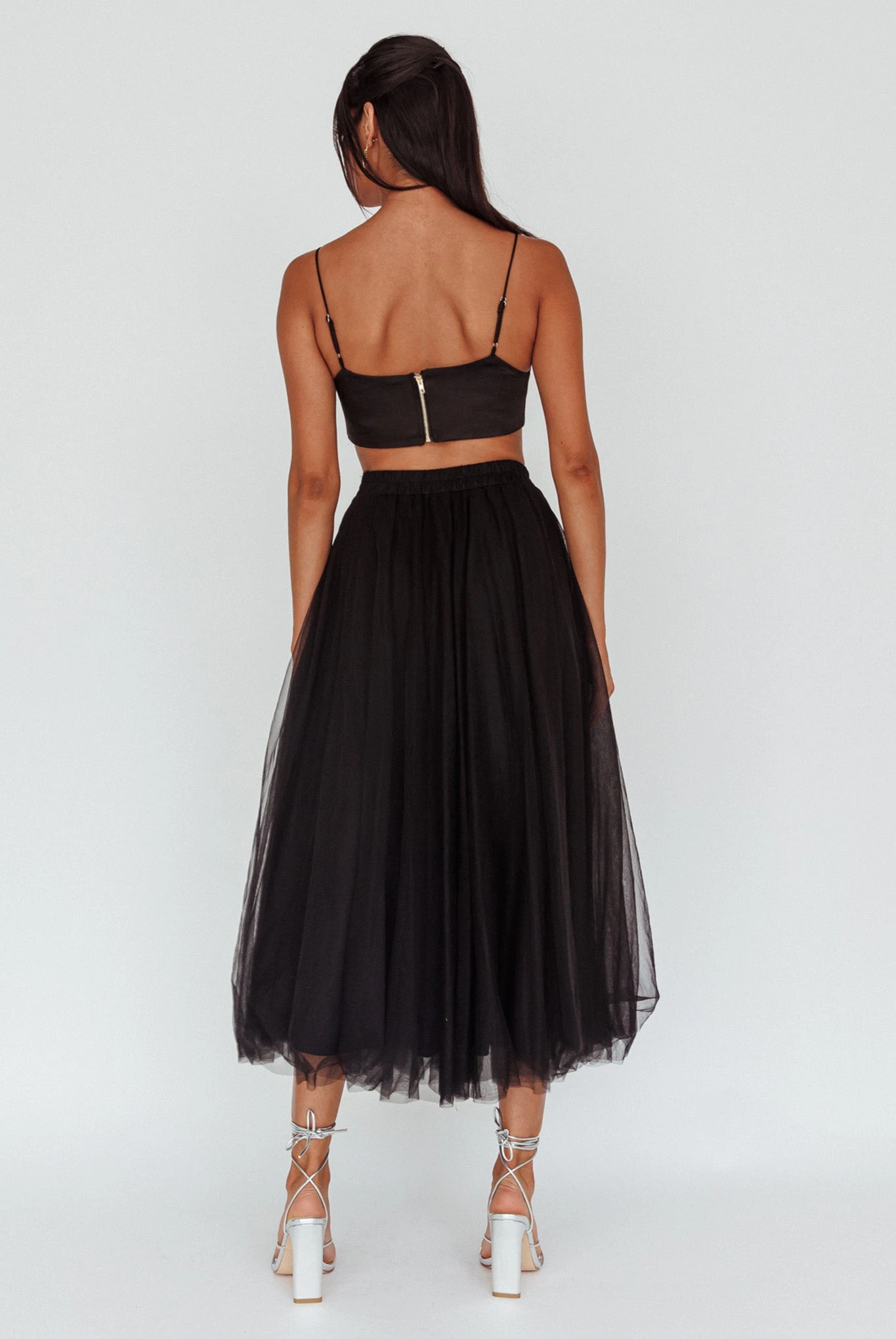 Jasmine Organza Mesh Elasticated Waist Midi Skirt Black - Image 2