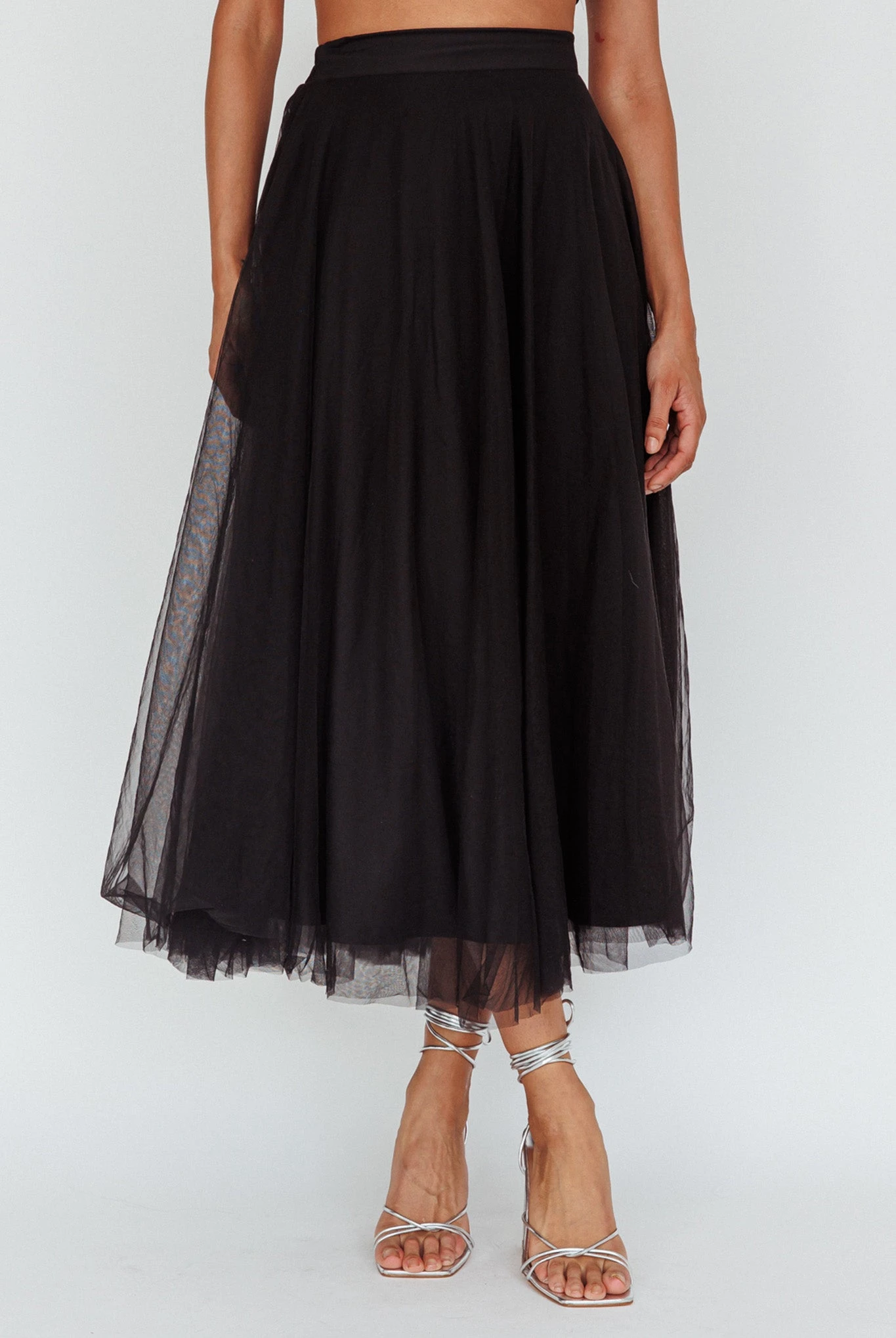 Jasmine Organza Mesh Elasticated Waist Midi Skirt Black - Image 4