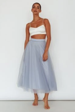 Jasmine Organza Mesh Elasticated Waist Midi Skirt Blue