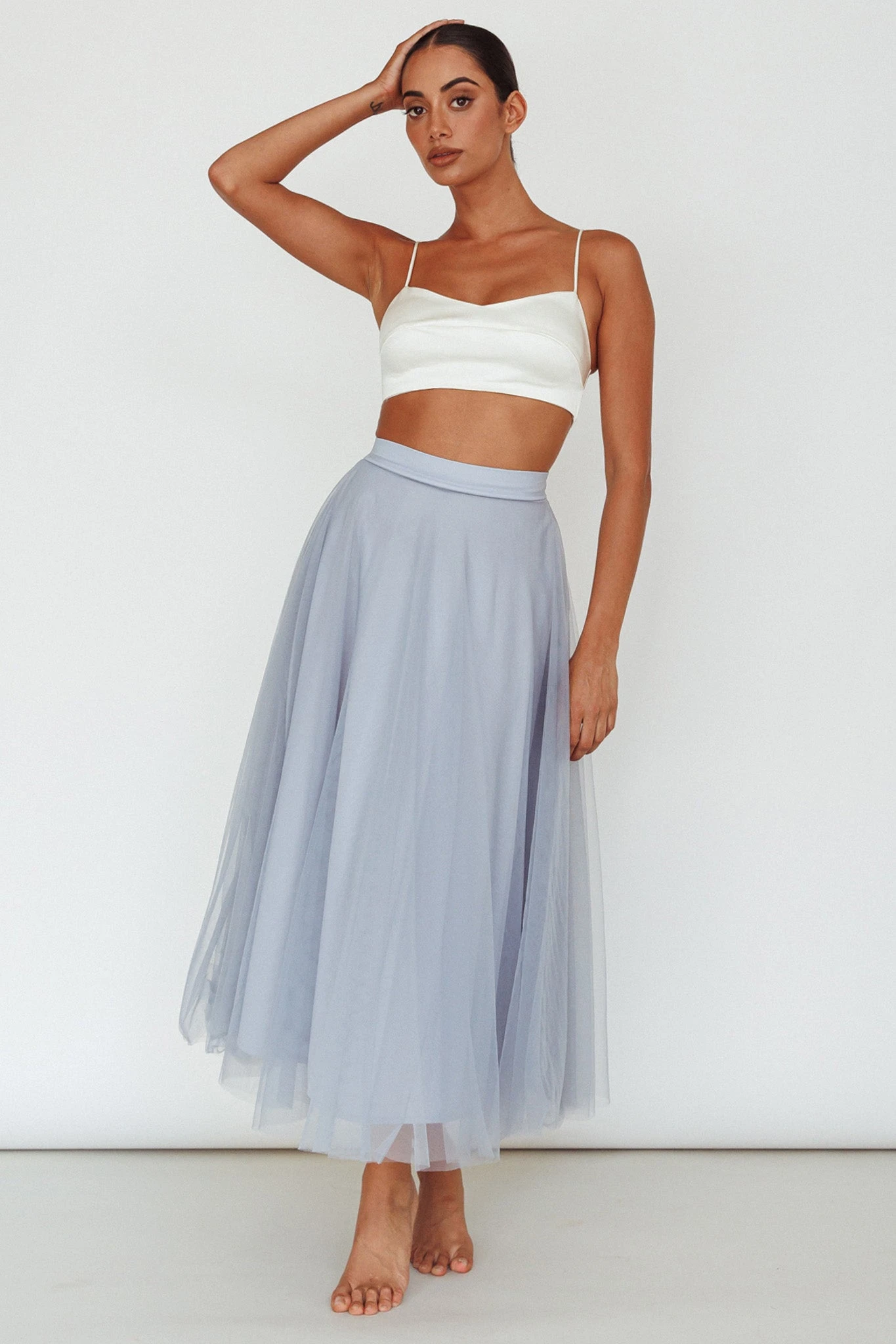 Jasmine Organza Mesh Elasticated Waist Midi Skirt Blue - Image 3