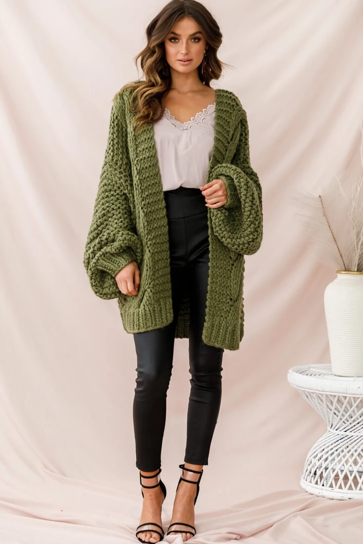 Vermont Oversized Garter Knit Cardigan Olive - Image 3