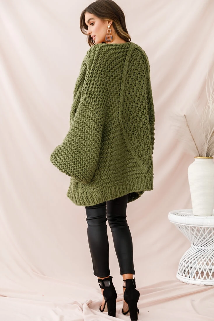 Vermont Oversized Garter Knit Cardigan Olive - Image 4