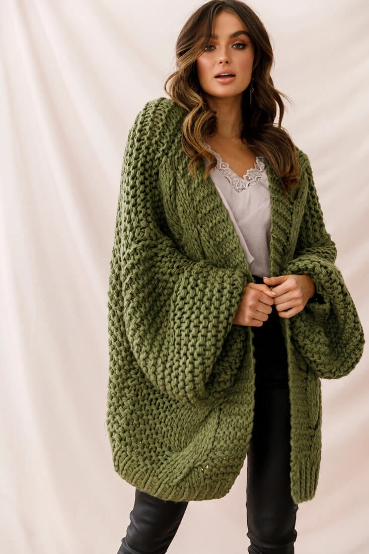Vermont Oversized Garter Knit Cardigan Olive - Image 5