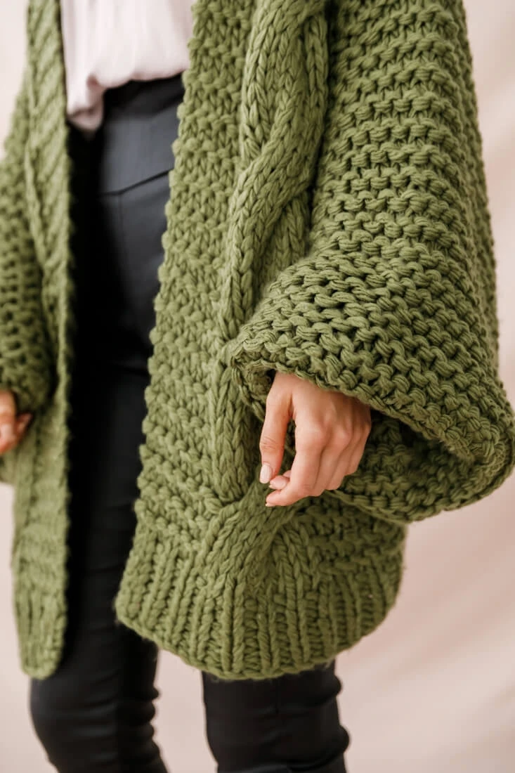 Vermont Oversized Garter Knit Cardigan Olive - Image 6