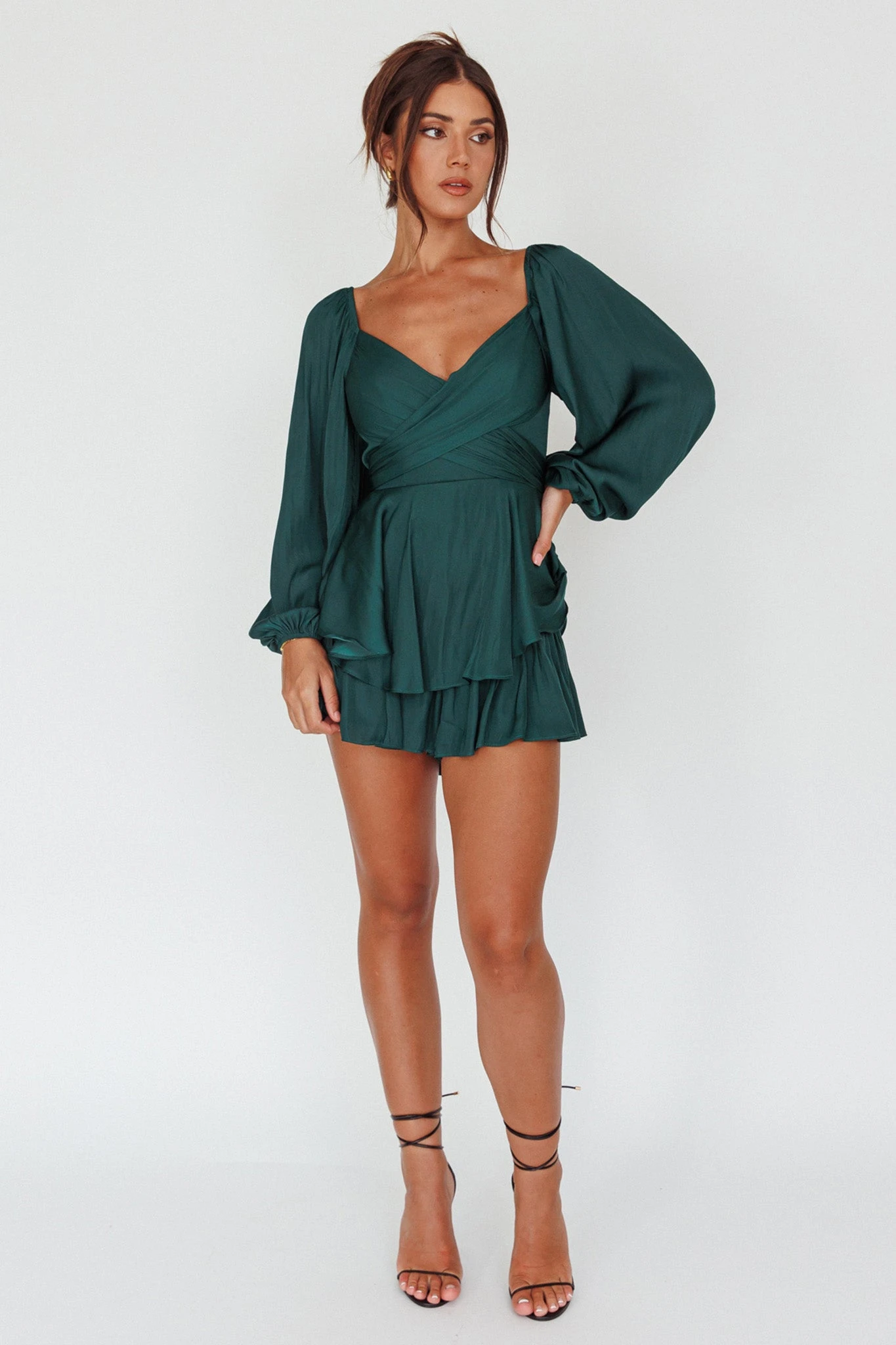 It's Complicated Long Sleeve Flounce Romper Forest Green - Image 3