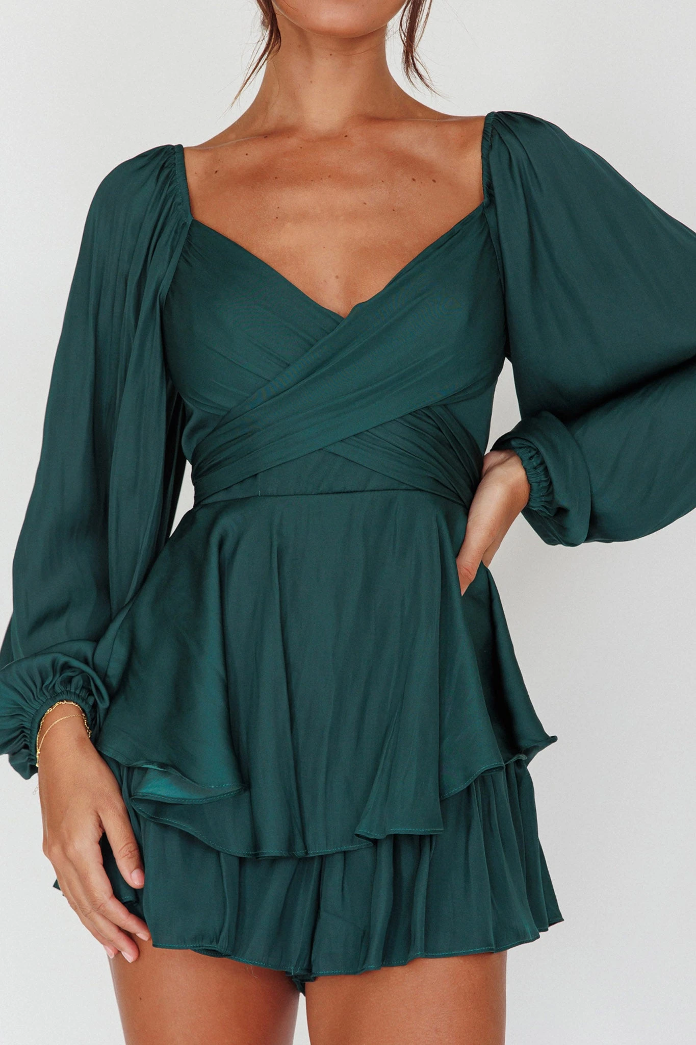 It's Complicated Long Sleeve Flounce Romper Forest Green - Image 4