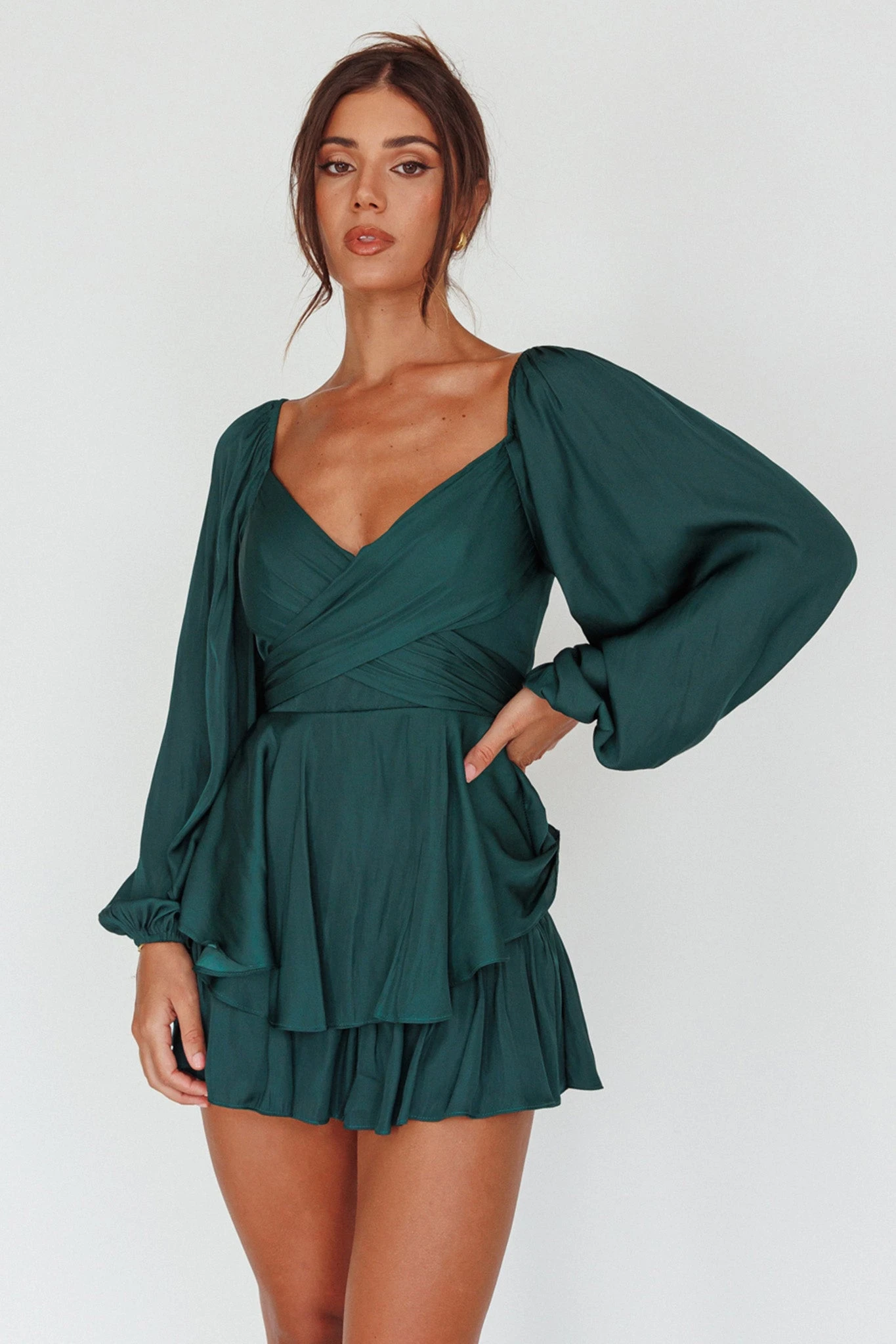 It's Complicated Long Sleeve Flounce Romper Forest Green - Image 5