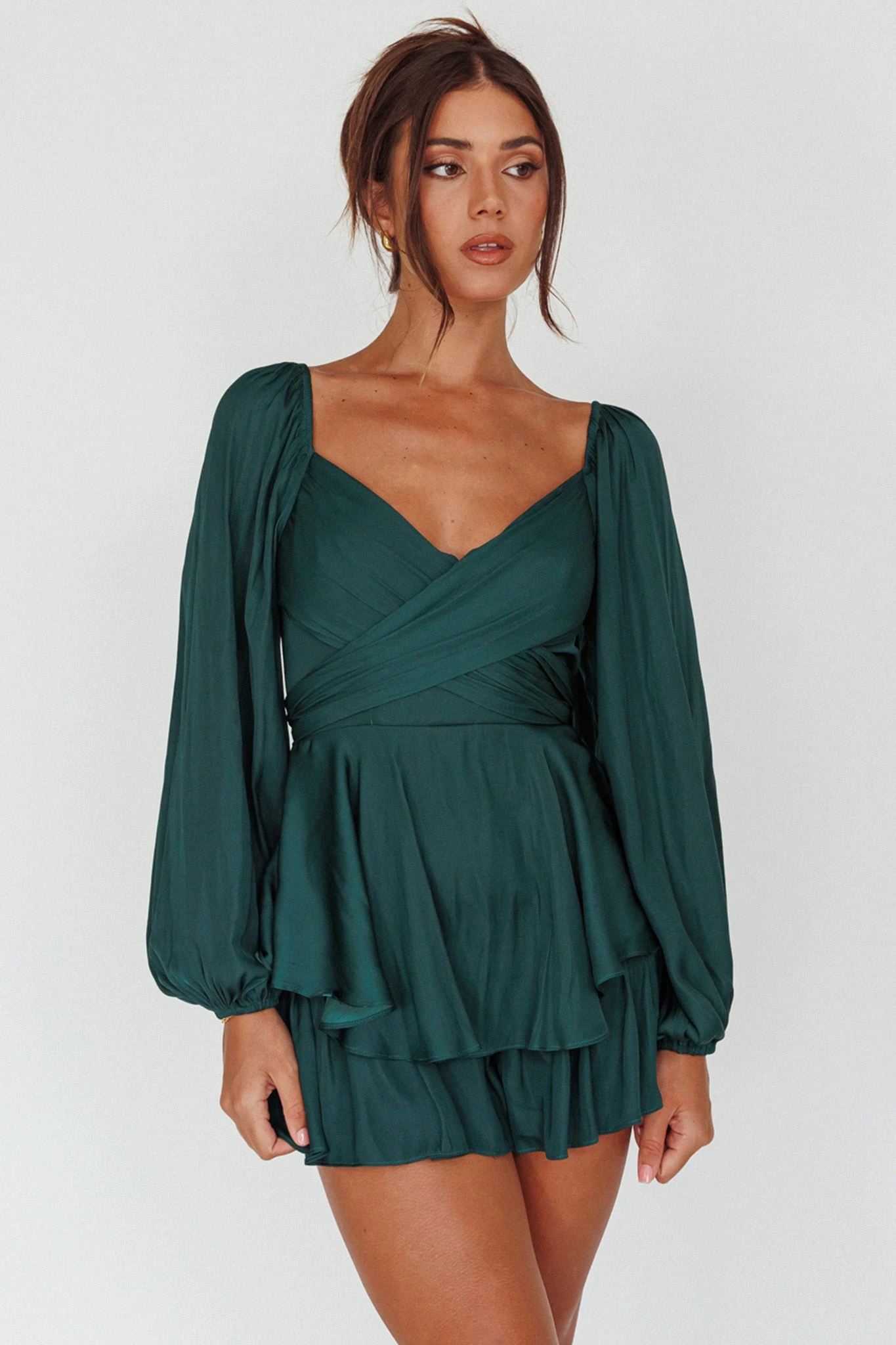 It's Complicated Long Sleeve Flounce Romper Forest Green - Image 6
