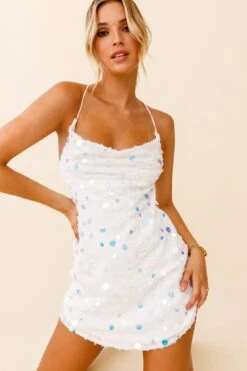 Candid Moment Strappy Cowl Back Sequin Mini Dress White