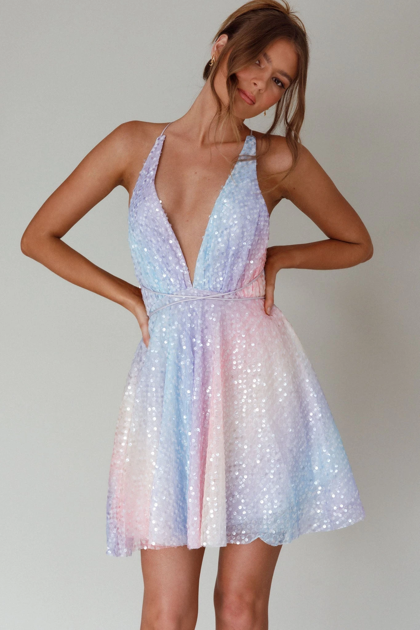 Floating By Plunging Neckline Mini Dress Sequin Rainbow - Image 5
