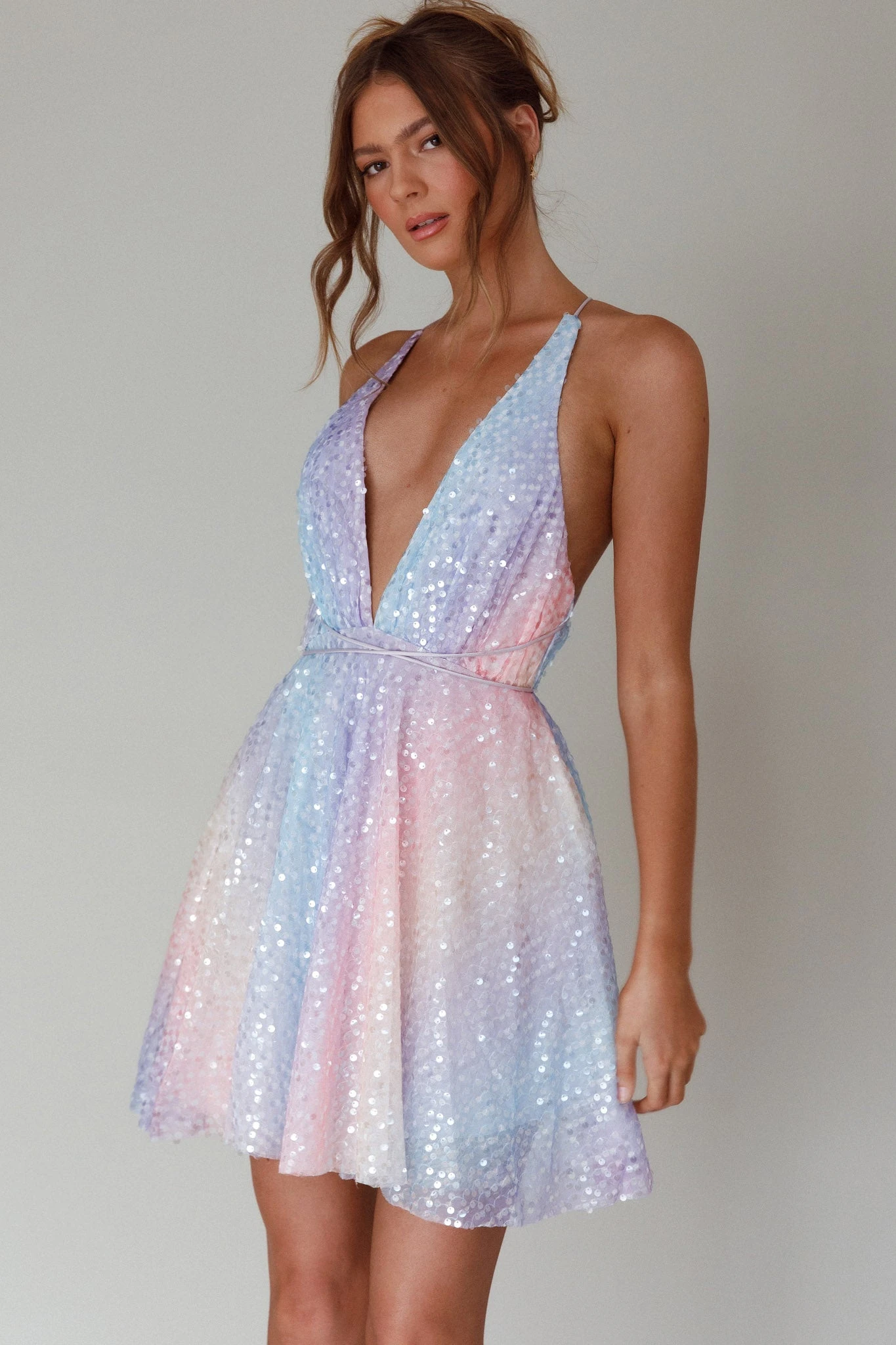 Floating By Plunging Neckline Mini Dress Sequin Rainbow - Image 7