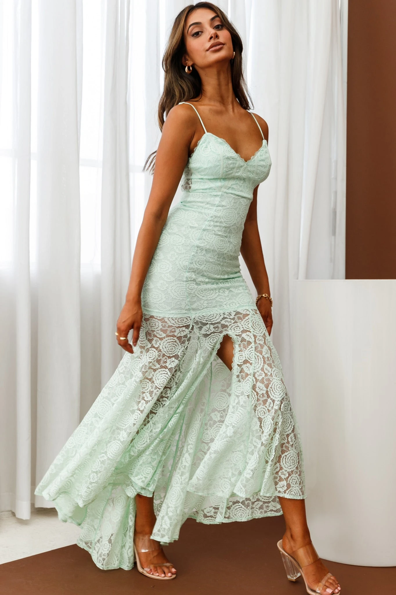 Forget Me Not Front Split Lace Mermaid Dress Apple - Image 6