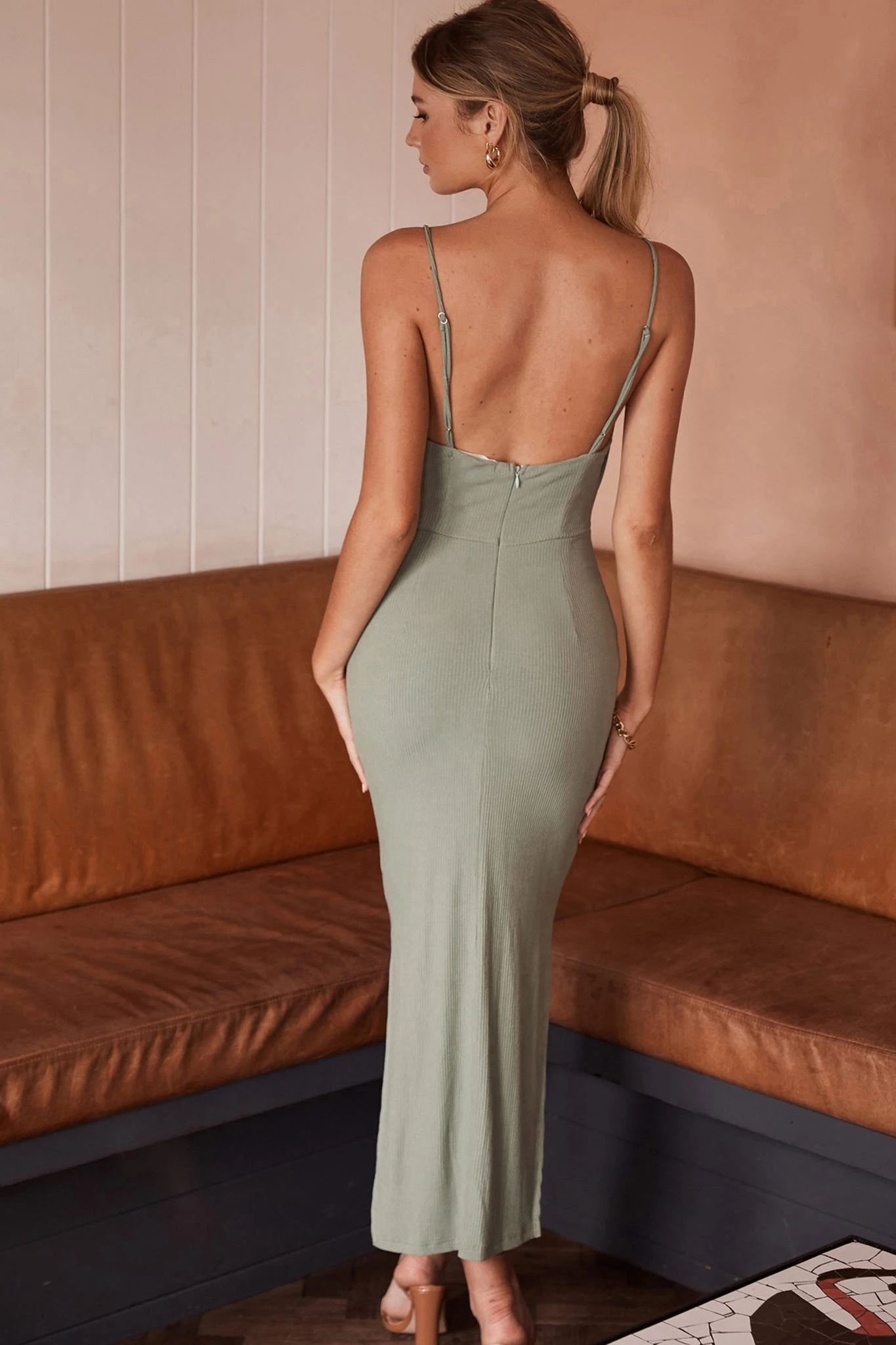 Frieda Cowl Neck Side Split Ribbed Midi Dress Sage - Image 2