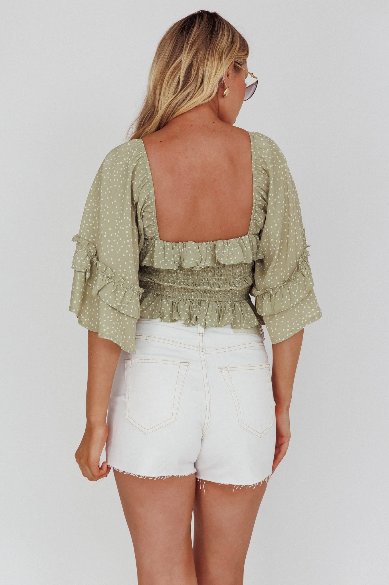 Boardwalk Bell Sleeve Crop Top Spotty Sage - Image 2