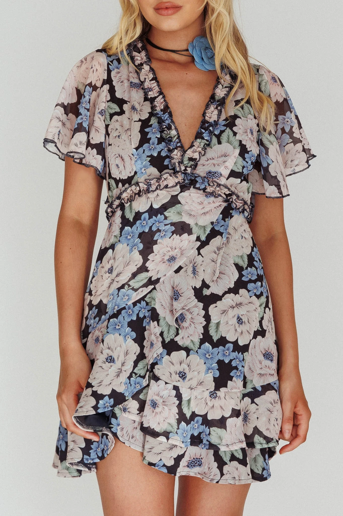 Laney Angel Sleeve Ruffle Dress Floral Blue - Image 4