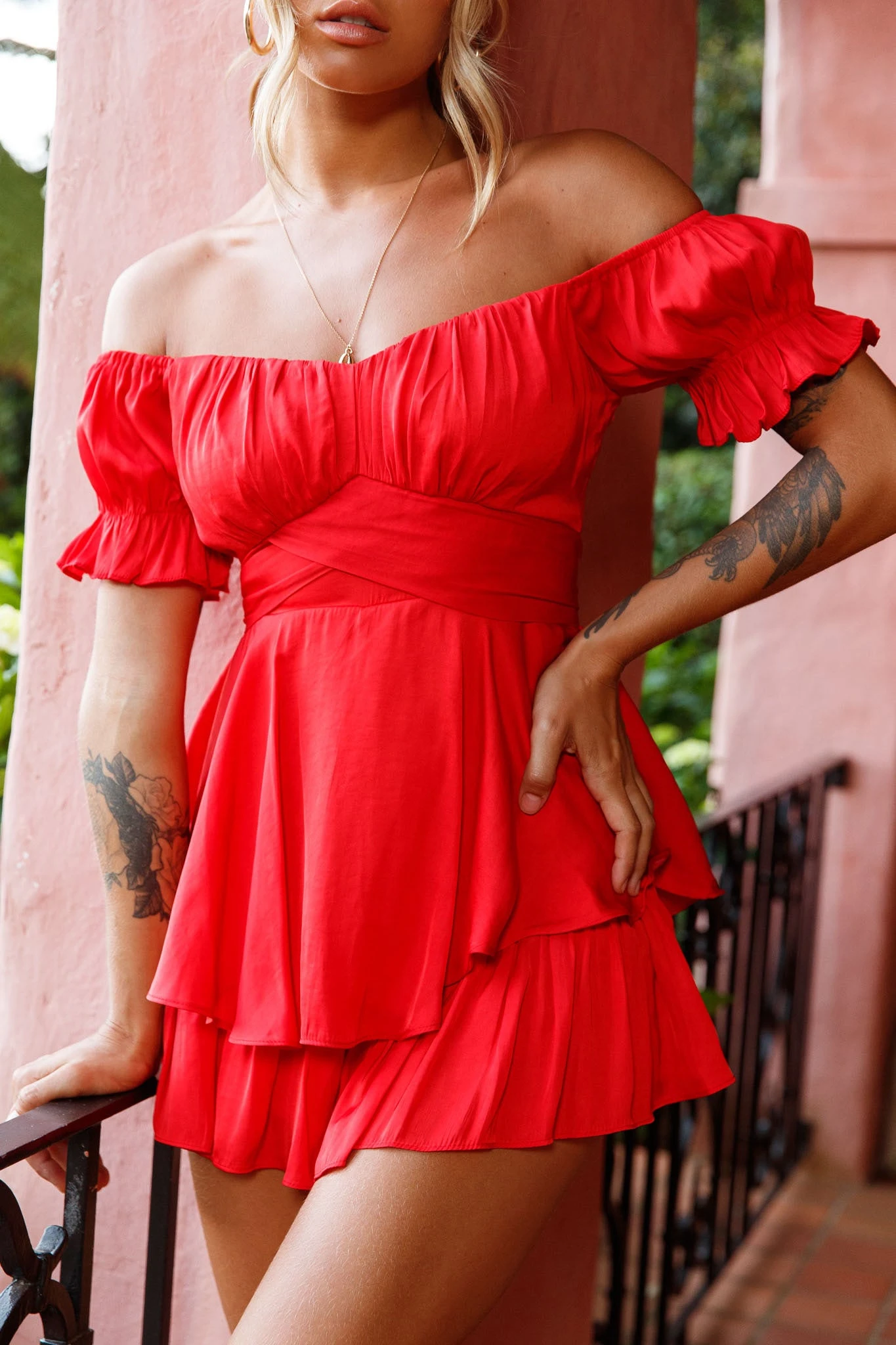 Linka Off-Shoulder Tie Back Romper Red - Image 6