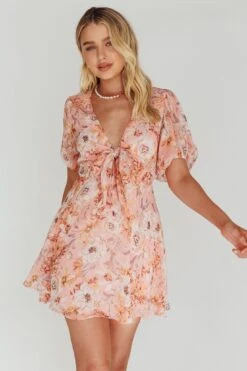 Madison Bow Tie Bust Puff Sleeve Dress Flowers Orange