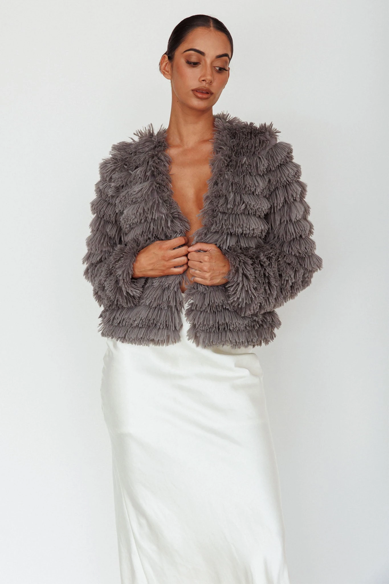 Montana Shaggy Faux Fur Coat Grey - Image 3
