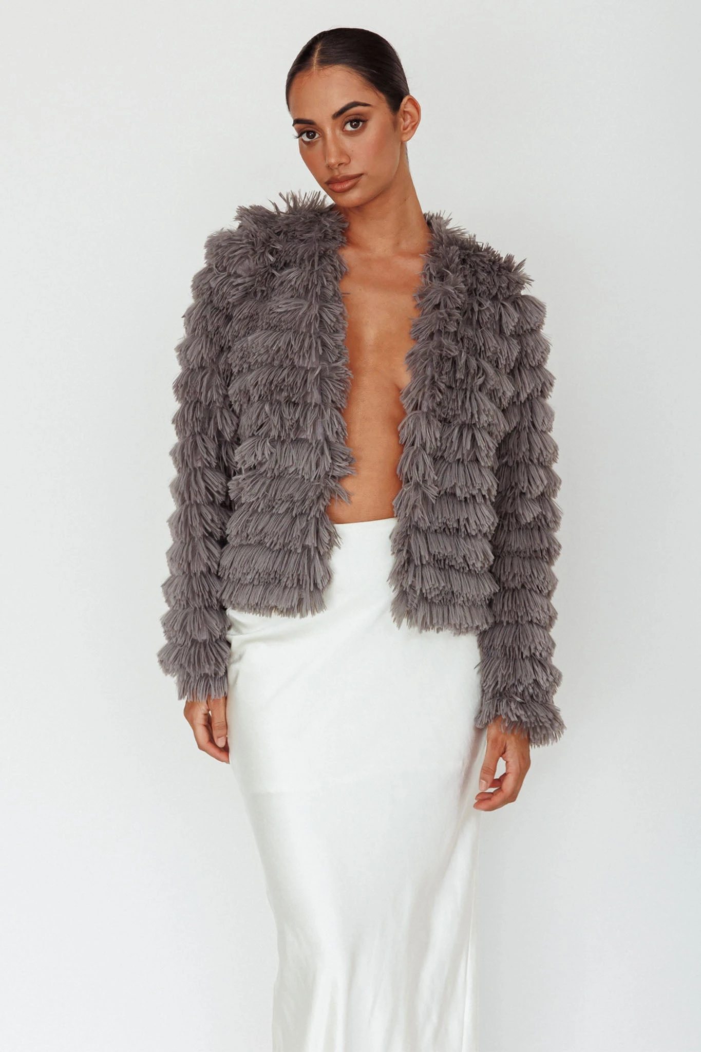 Montana Shaggy Faux Fur Coat Grey - Image 4