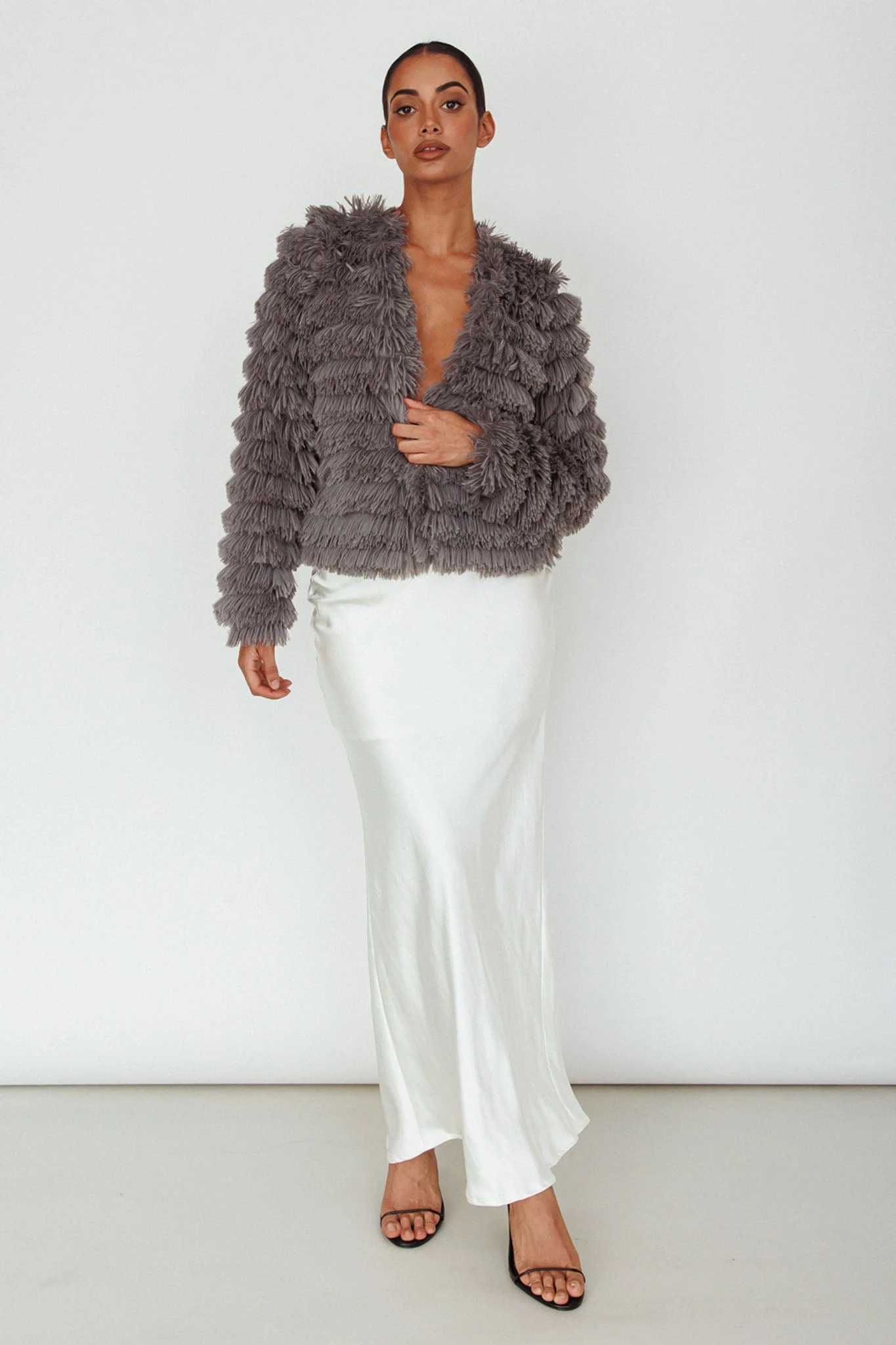 Montana Shaggy Faux Fur Coat Grey - Image 6