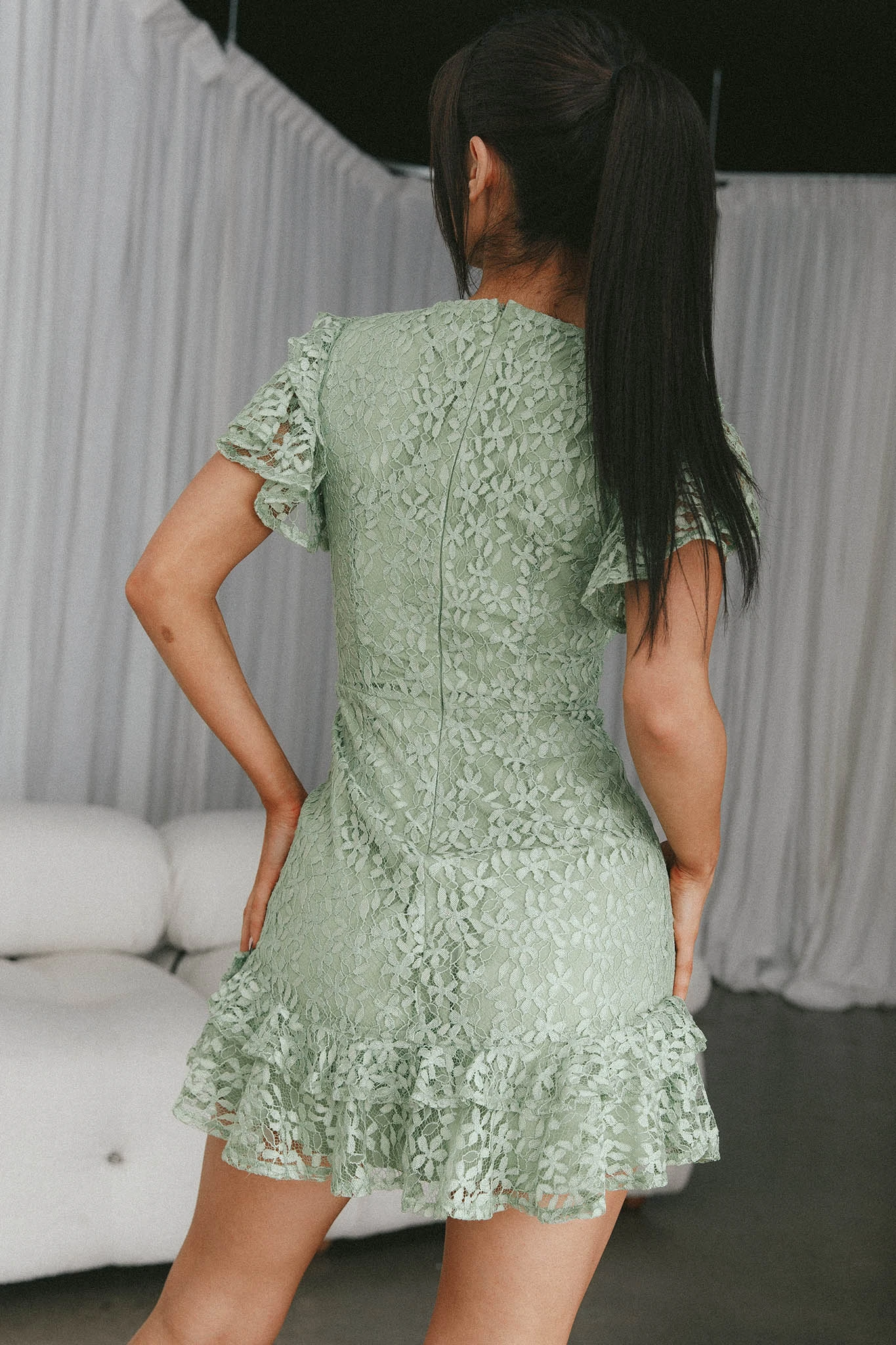 Lark Crew Neck Ruffle Sleeve Dress Lace Overlay Avocado - Image 6