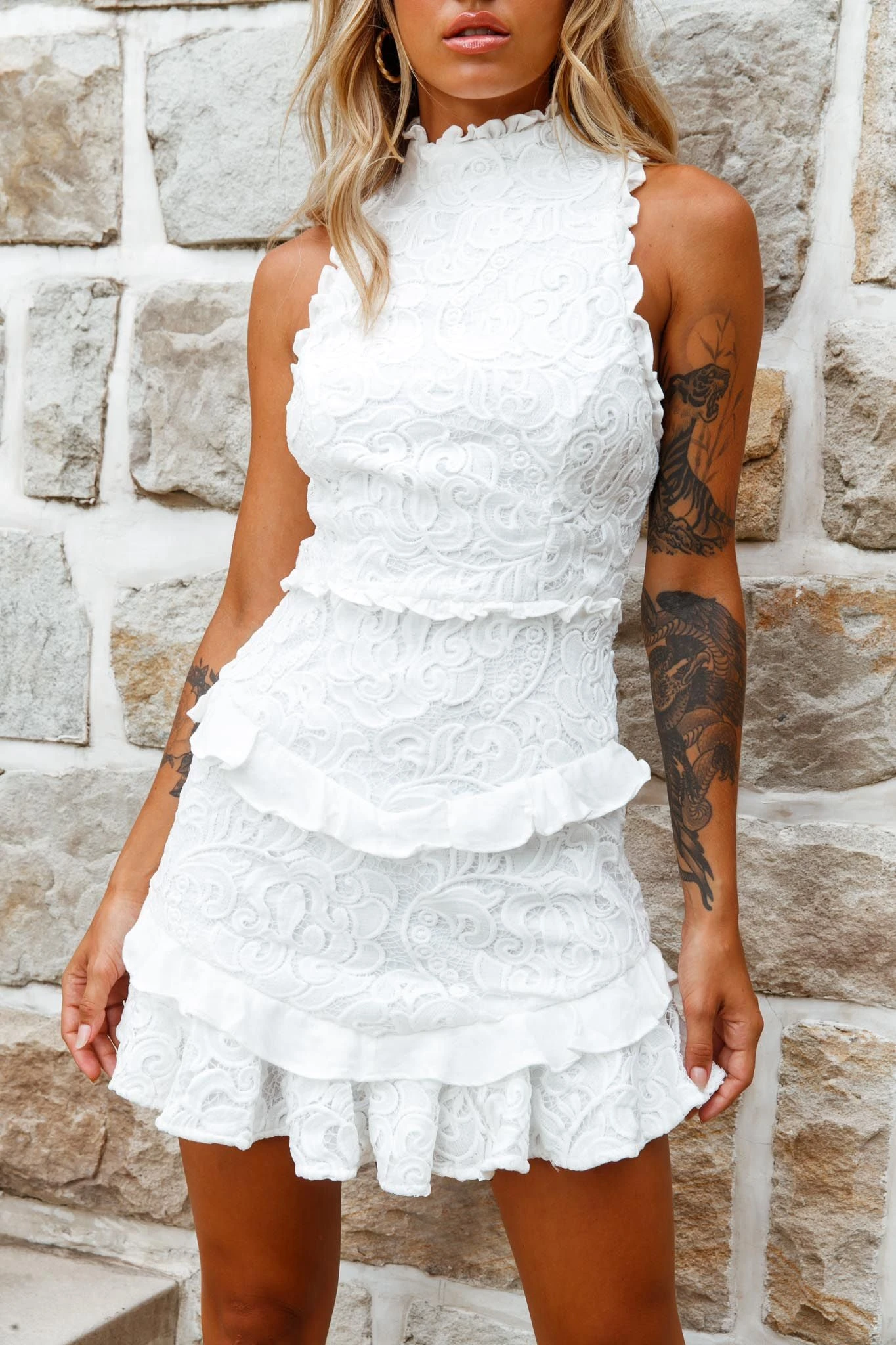 Osiris Sleeveless High Neck Lace Dress White - Image 4