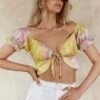 Chasing Waterfalls Double Tie Puff Sleeve Satin Crop Top Pink/Yellow