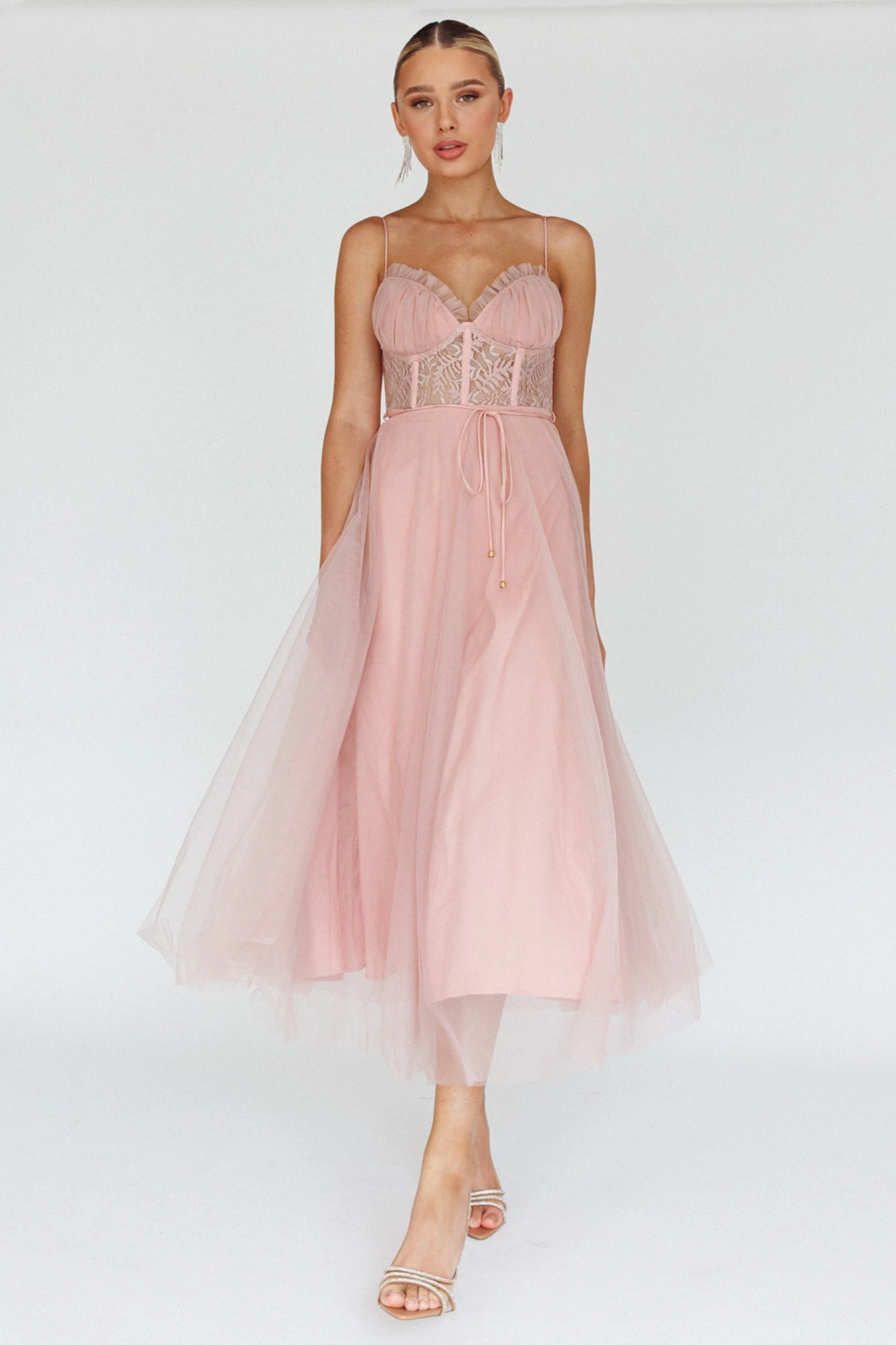 Trophy Lace Bodice Mesh Midi Dress Blush - Image 3