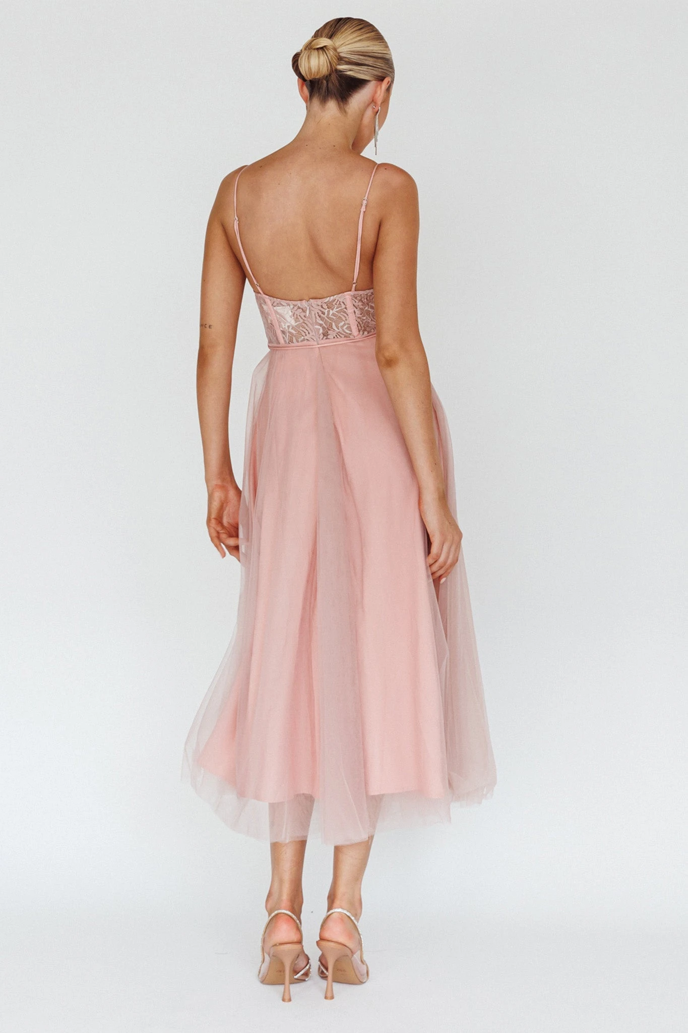 Trophy Lace Bodice Mesh Midi Dress Blush - Image 2
