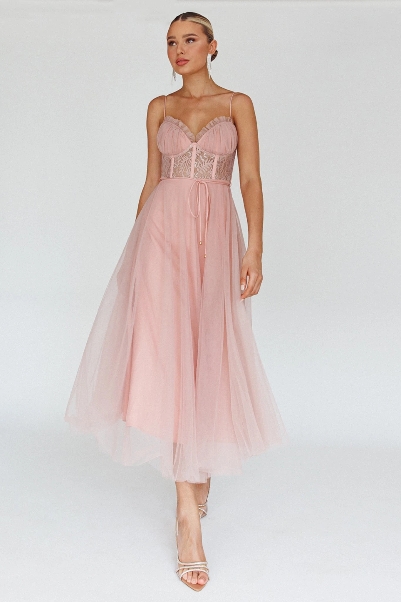 Trophy Lace Bodice Mesh Midi Dress Blush - Image 5