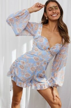 New Romance Long Sleeve Ruched Side Romper Floral Print Blue