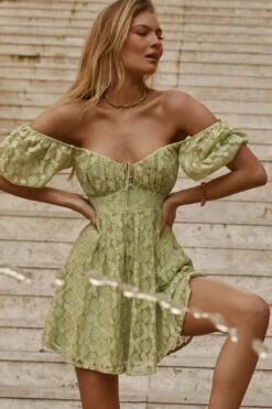 Lovers Gonna Love Puff Sleeve Lace Overlay Dress Sage