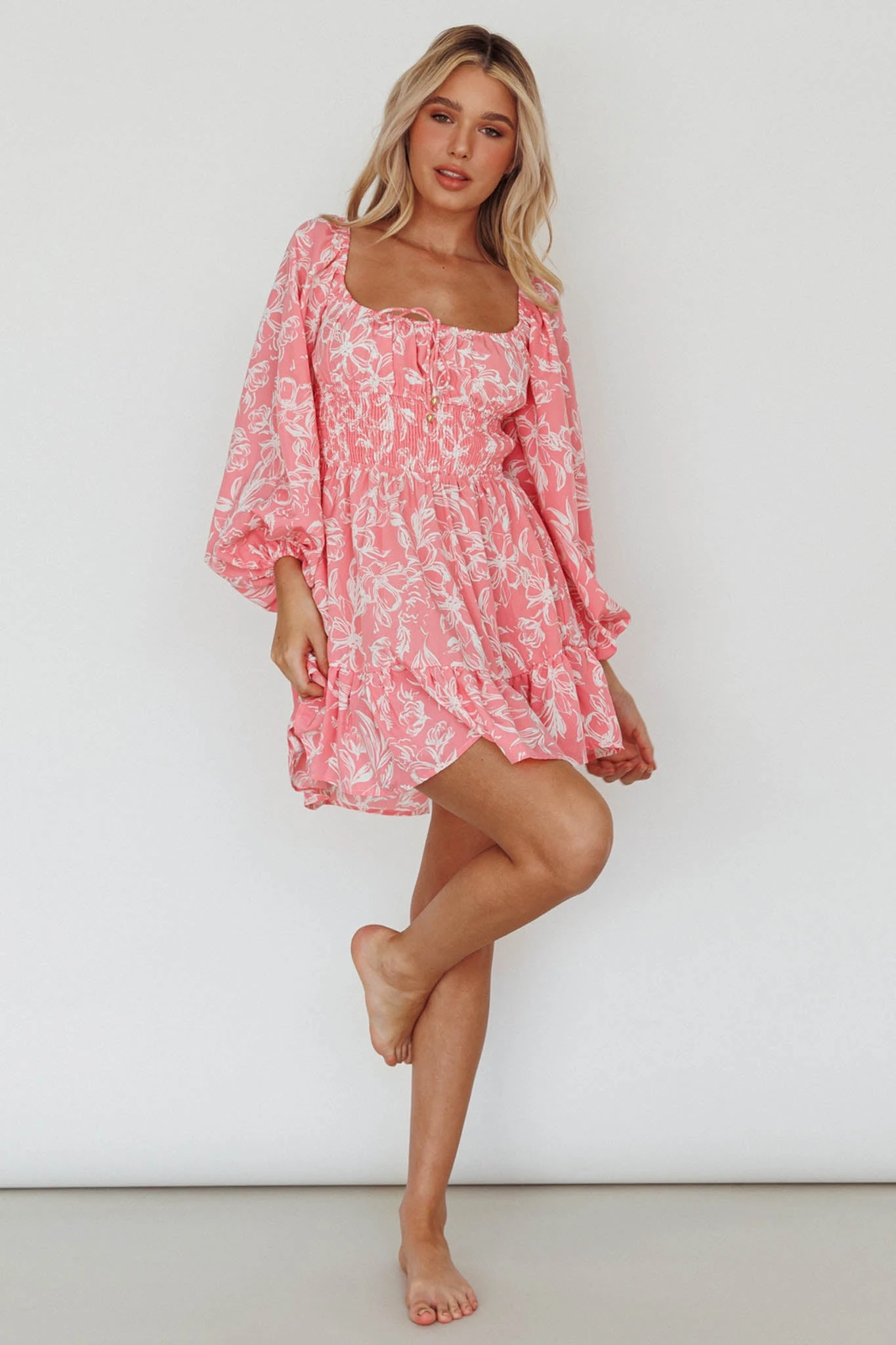 Amilie Shirred Long Sleeve Dress Floral Pink - Image 3