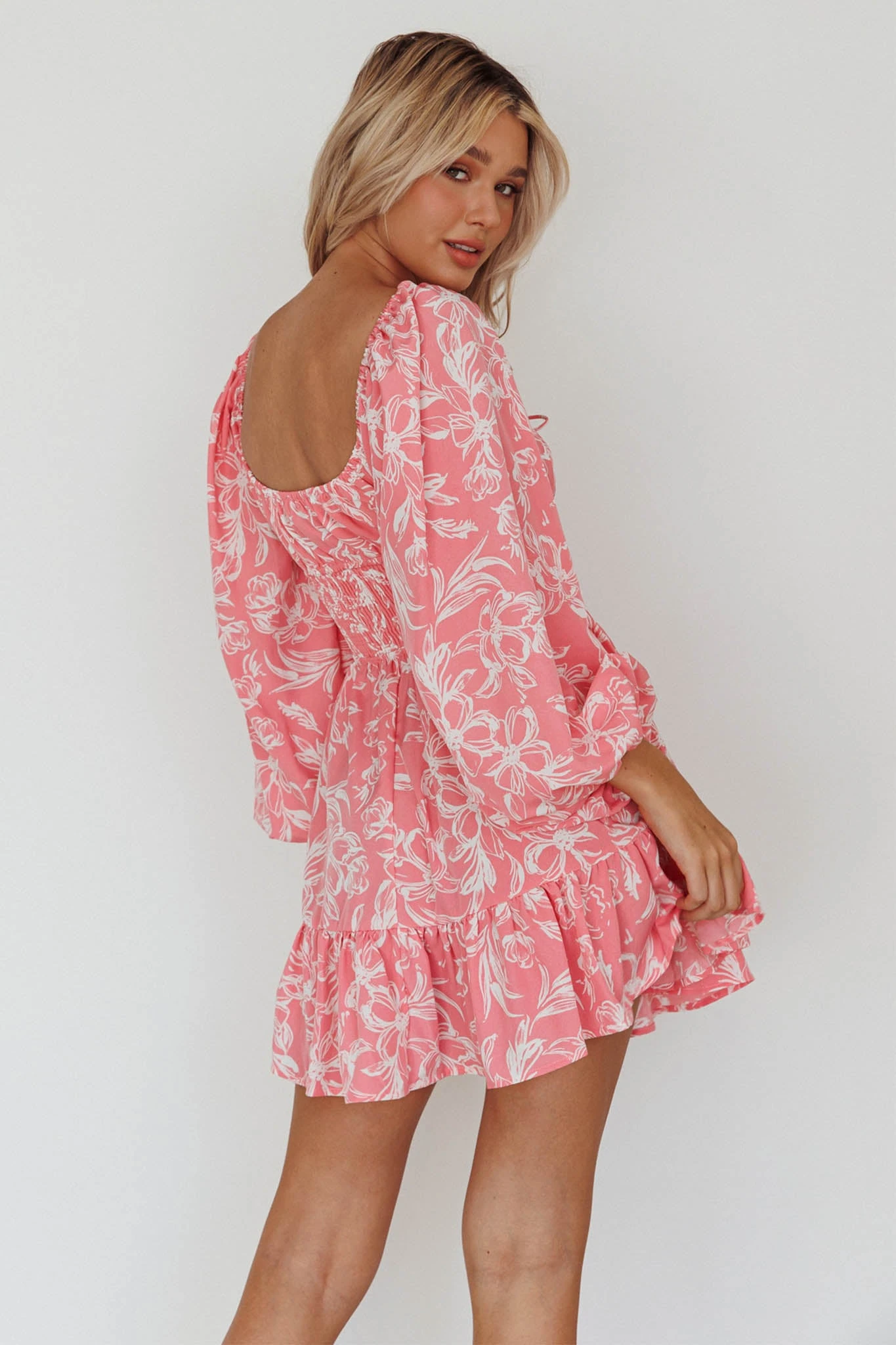 Amilie Shirred Long Sleeve Dress Floral Pink - Image 2