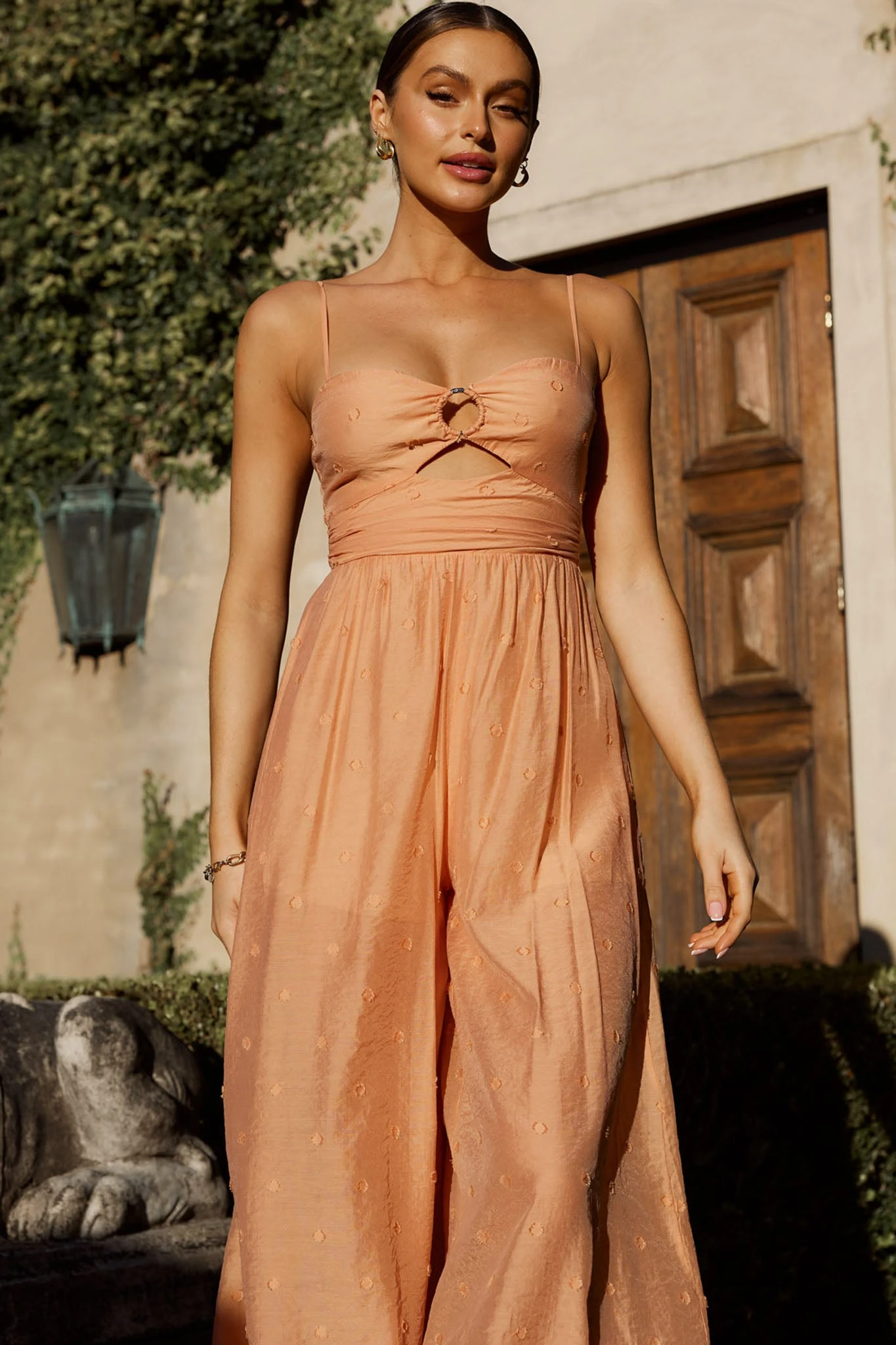 Alpha Cut-Out Bodice Textured Jumpsuit Apricot - Image 4