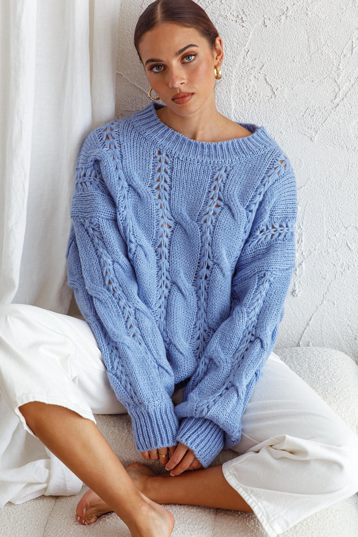 Nicola Long Sleeve Chunky Cable Knit Sweater Blue - Image 7