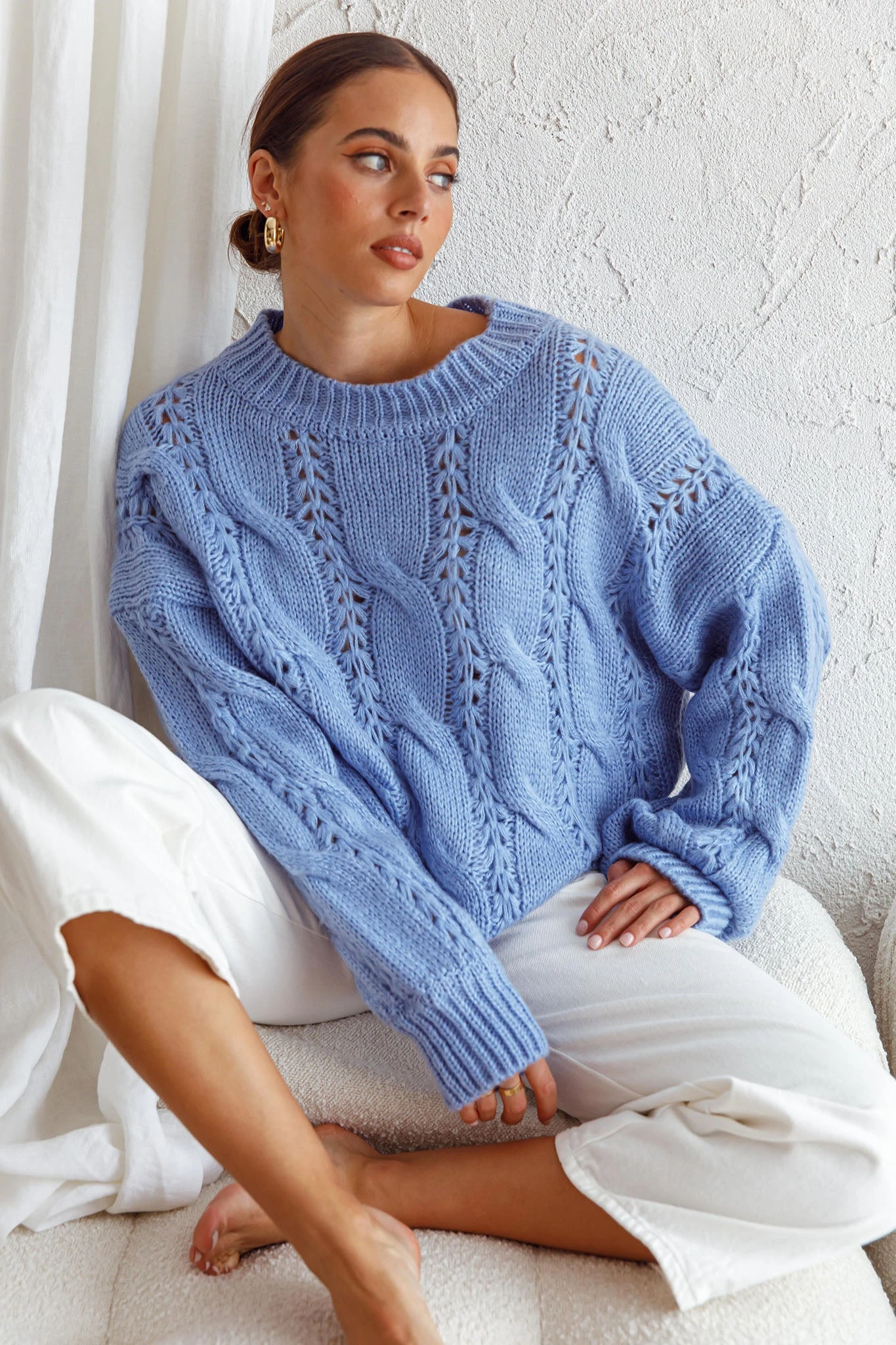 Nicola Long Sleeve Chunky Cable Knit Sweater Blue - Image 11