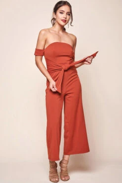Joan Off The Shoulder Waist Tie Wide Leg Jumpsuit Rust