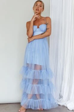 Moonlight Sonata Ruffle Mesh Maxi Dress Sky Blue