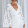 Santa Cruz Bell Sleeve Embroidered Wrap Mini Dress White