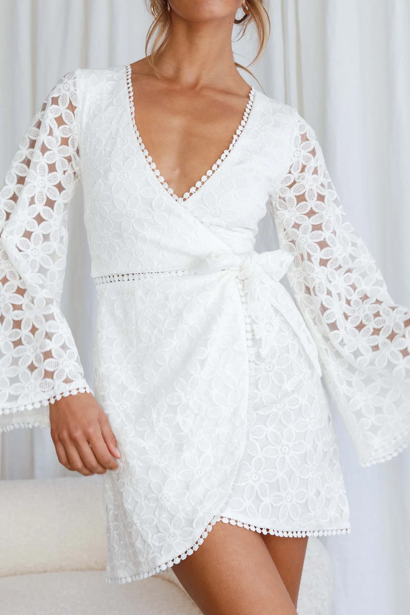 Santa Cruz Bell Sleeve Embroidered Wrap Mini Dress White - Image 4