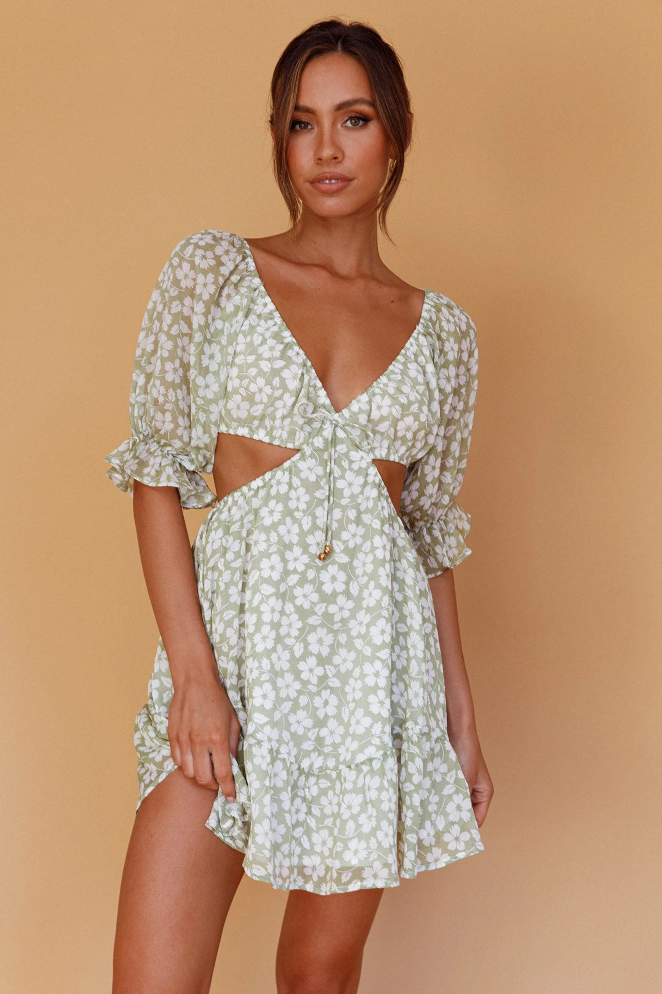 Fancy Free Puff Sleeve Cut-Out Dress Floral Green - Image 6