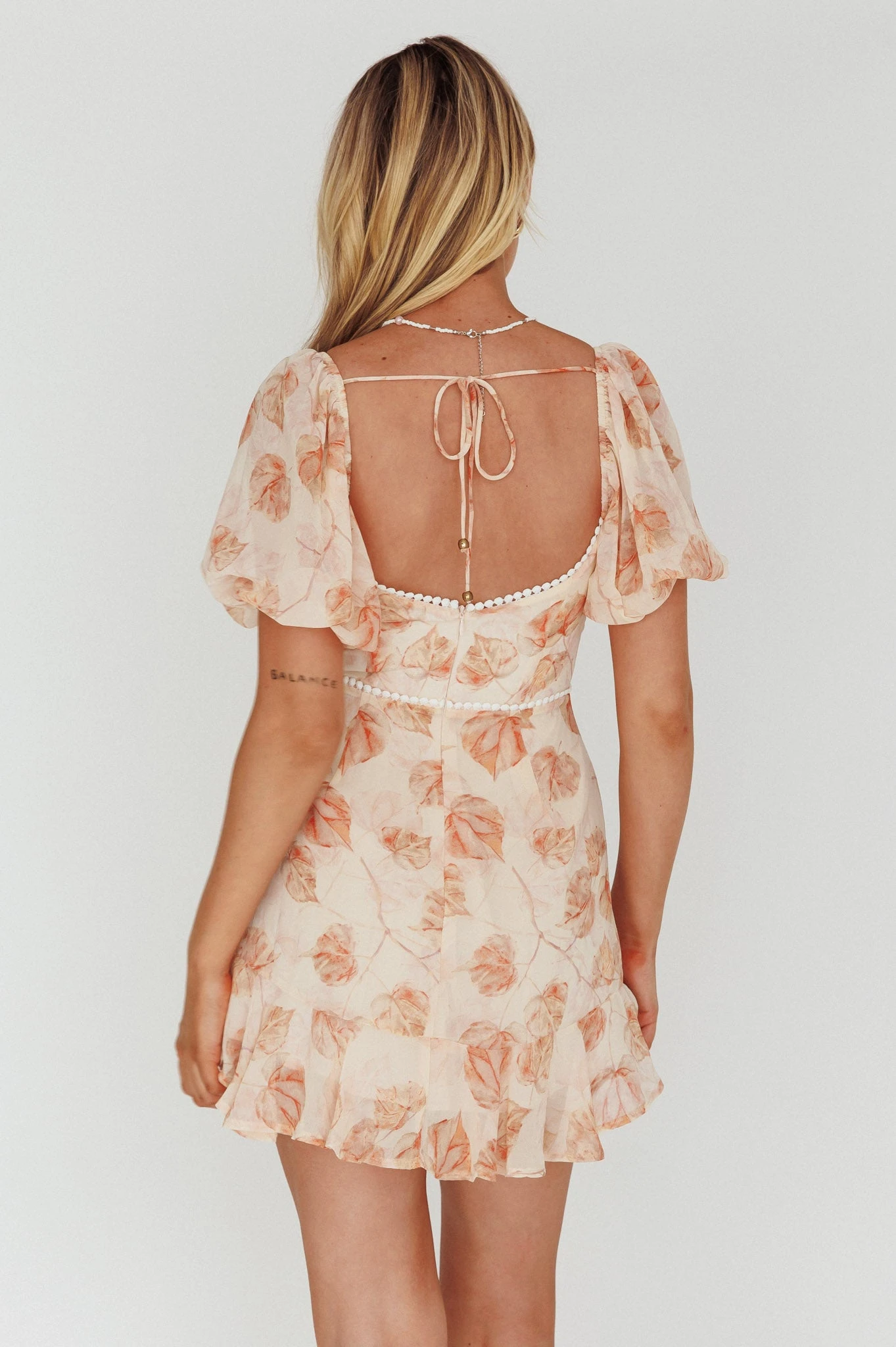 Catch Feelings Sweetheart Puff Sleeve Mini Dress Leaves Beige - Image 2