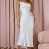 Taking Bets One Shoulder Satin Midi Dress White
