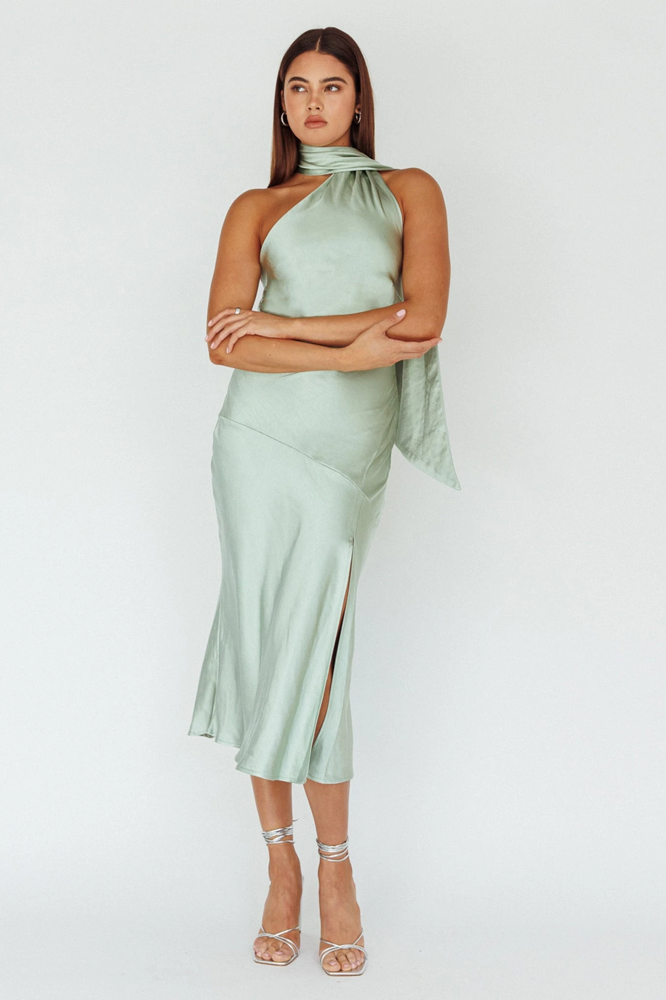 Italian Summer Tie Neck Midi Dress Sage - Image 5