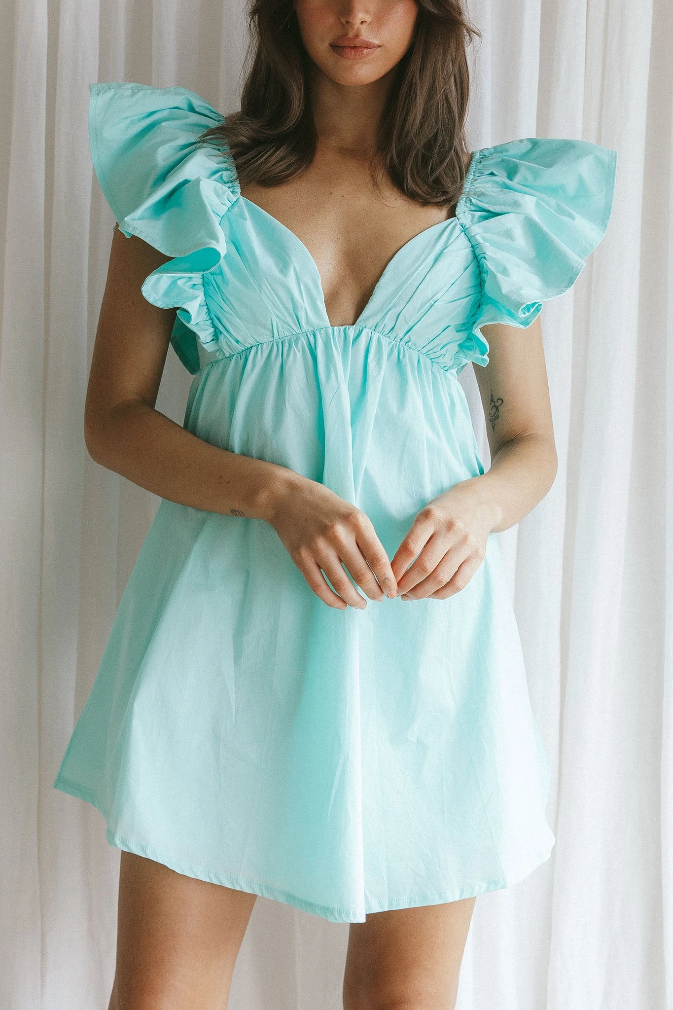 Marlina Ruffle Sleeve Babydoll Mini Dress Mint - Image 4