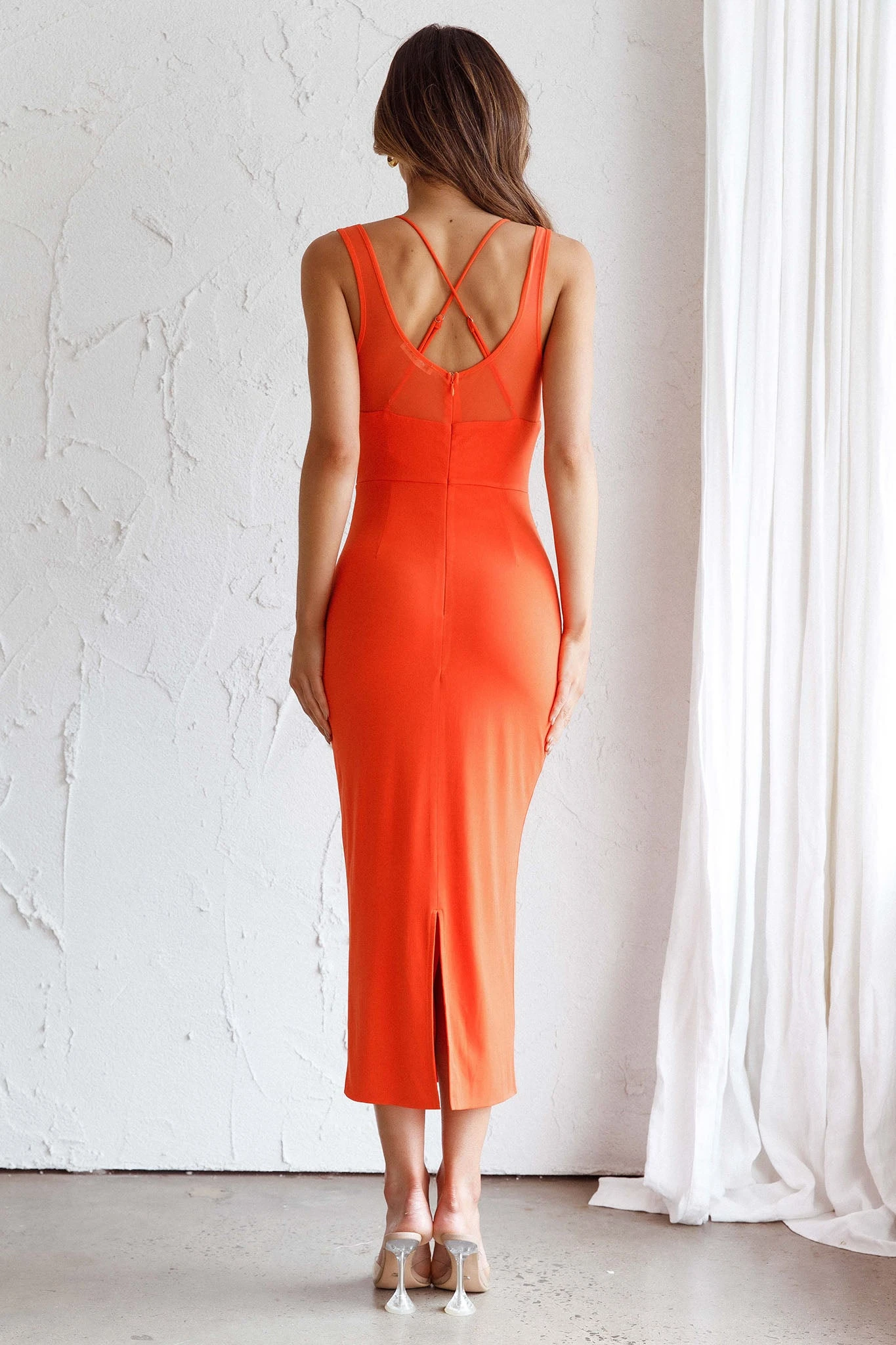 Charice Mesh Bodice Overlay Midi Dress Orange - Image 2