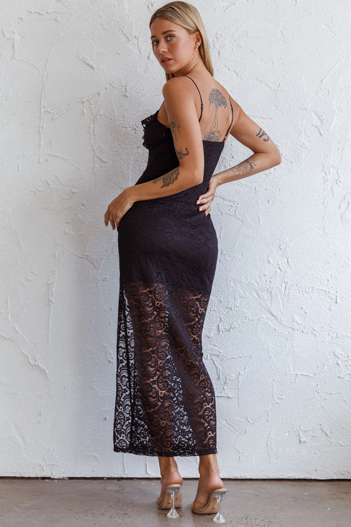 Evaleigh Frill Trim Lace Midi Dress Black - Image 2